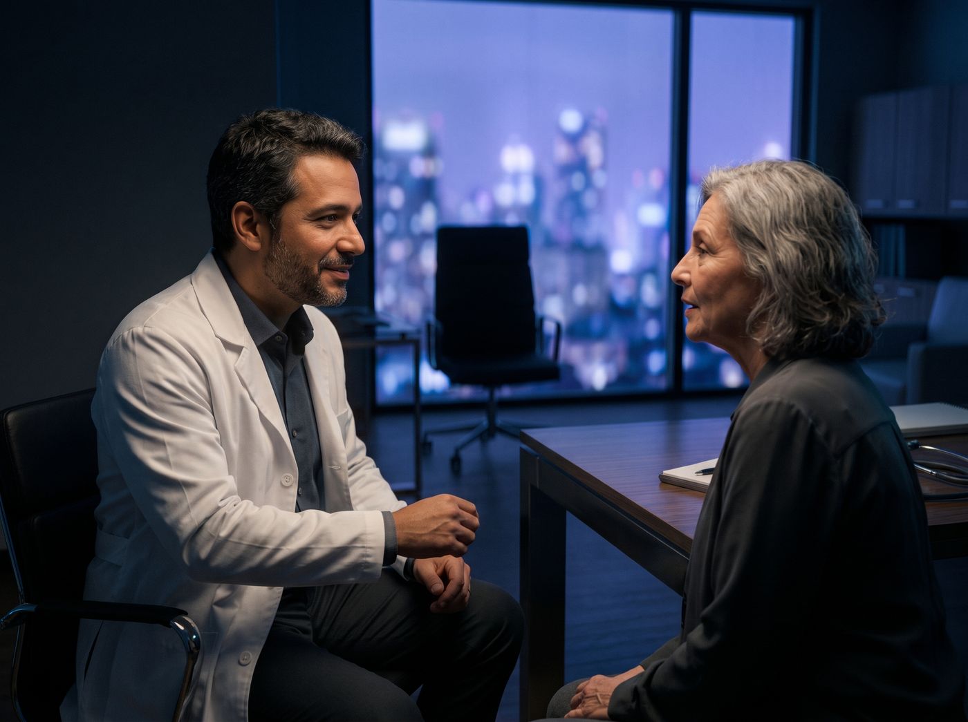 Médico conversando com uma paciente, olho no olho, sem tela entre os dois